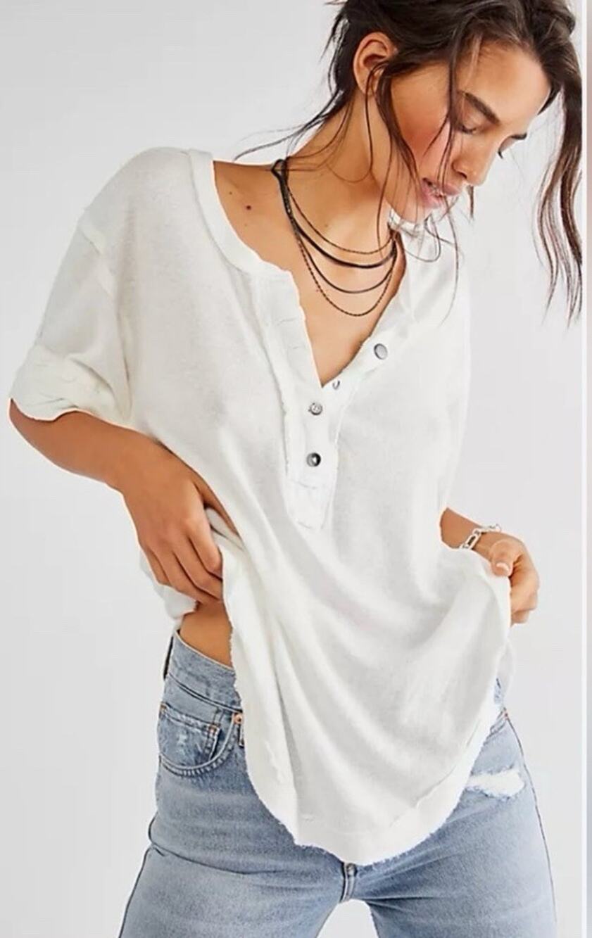 Free People We the Free White Heritage Henley Top Linen Cotton Oversized XS Boho